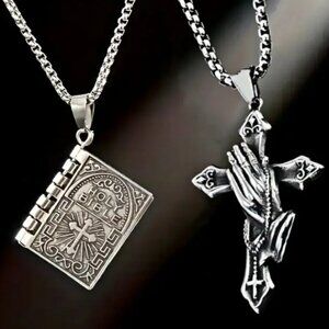 Holy Bible Necklace Praying Hands Cross Necklace with Chains Set NWT